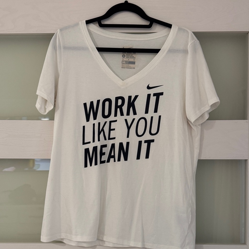Nike White V-Neck Tee with Black Text